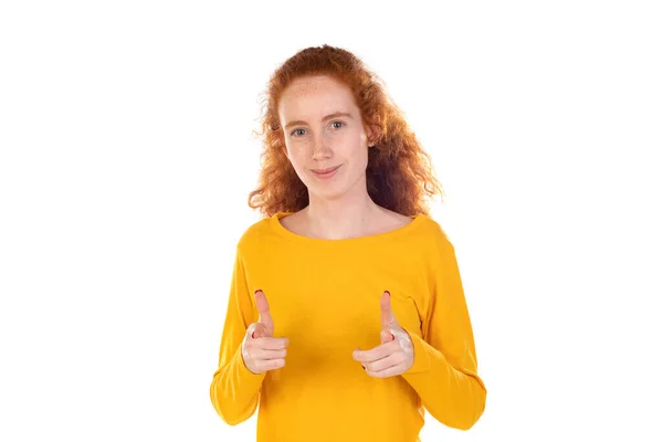 Doing Good Fascinated Happy Redhead Curly Woman Show Okay Sign — Fotografia de Stock