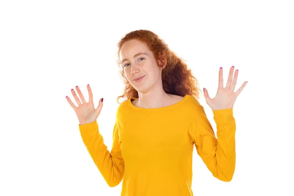 Shocked Inssecure Redhead Woman Raise Hands Surrender Innocent Isolated White — ストック写真