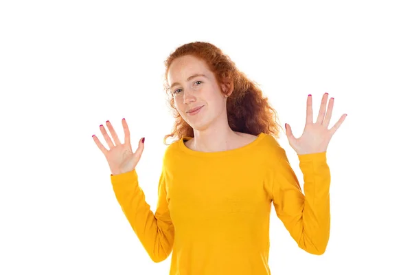 Shocked Inssecure Redhead Woman Raise Hands Surrender Innocent Isolated White — Foto de Stock