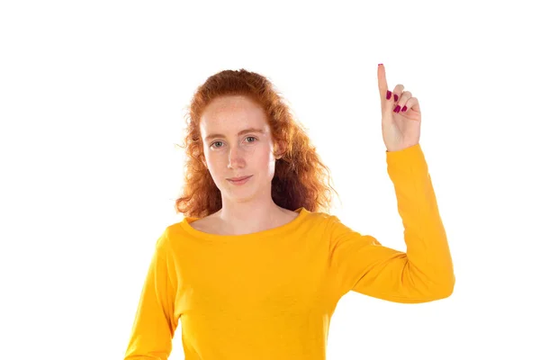 Jonge Mooie Vrouw Glimlachen Vol Vertrouwen Wijzen Naar Iets Positieve — Stockfoto