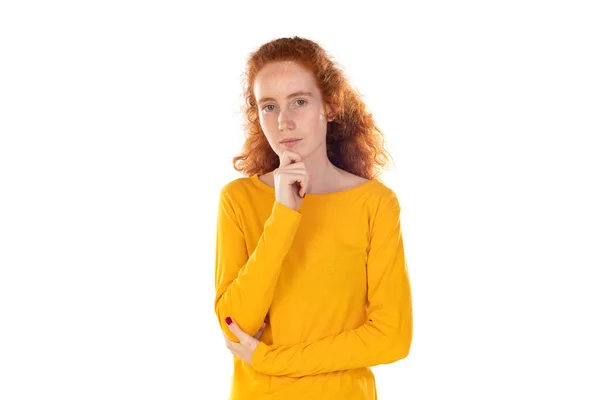 Portrait Pensive Redhead Girl Wearing Yellow Shirt Isolated White Studio — Photo