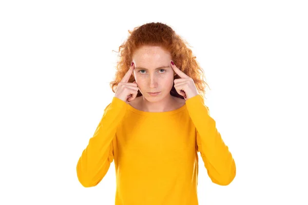 Stressed Redhead Woman Touching Temples Thinking Hard White Background Stress — Stock Photo, Image