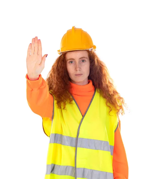 Portrait Attractive Cheerful Lucky Red Haired Girl Helmet Reflective Vest — Stock Photo, Image