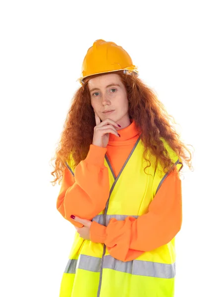 Portrait Attractive Cheerful Lucky Red Haired Girl Helmet Reflective Vest — Stock Photo, Image