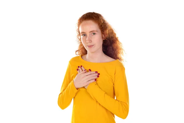 Pretty Redhead Young Woman Shows Heartfelt Gratitude Clasps Hands Chest —  Fotos de Stock