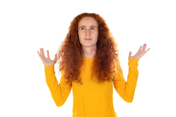 Young Redhead Girl Wearing Yellow Sweater White Background Raising Hands — Foto Stock
