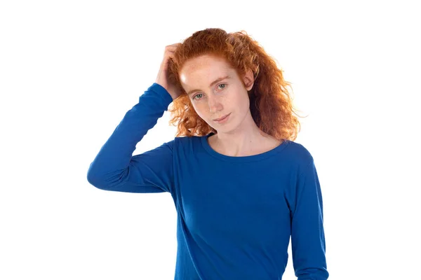 Sad Red Haired Girl Isolated White Background — Stockfoto