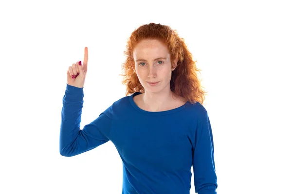 Photo Excited Promoter Lady Indicate Forefinger Blank Space Wear Casual — Stock Photo, Image