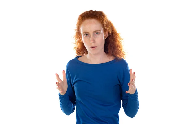 Indoor Shot Stressed Annoyed Young Redhead Caucasian Woman Curly Hair — Foto Stock