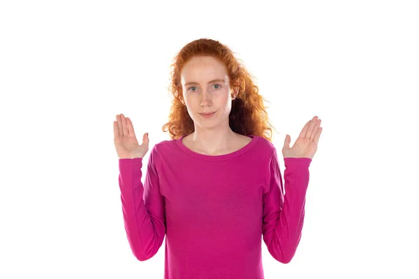 Young Redhead Girl Wearing Yellow Sweater White Background Raising Hands — ストック写真