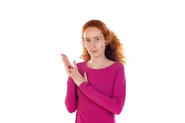 Beautiful Redhead Woman Isolated White Background Clapping Applauding Happy Joyful —  Fotos de Stock