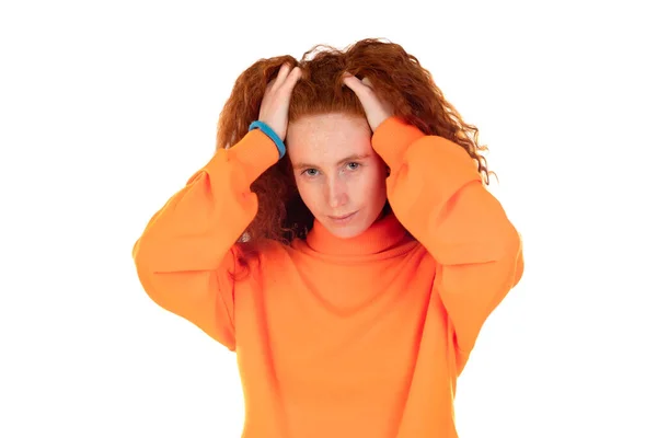 Beautiful Fragile Redheaded Young Woman Dark Sad Frightened Girl Scared — Stock Photo, Image