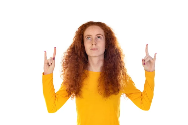 Rebel Redhaired Woman Isolated Beige Background Showing Rock Gesture Fingers — Zdjęcie stockowe