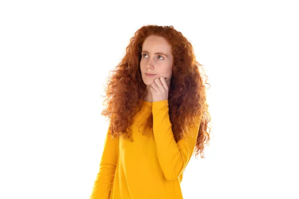 Pensive Freckled Girl Ginger Hair Wearing Orange Shirt Isolated White — Foto Stock