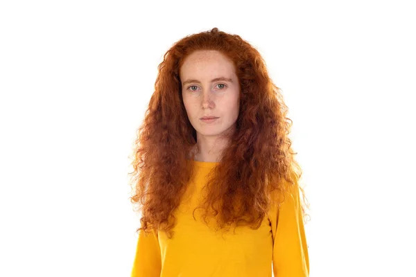 Pensive Freckled Girl Ginger Hair Wearing Orange Shirt Isolated White — Foto Stock