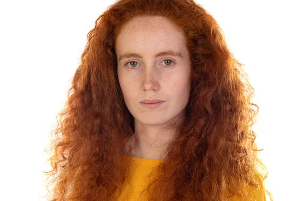 Pensive Freckled Girl Ginger Hair Wearing Orange Shirt Isolated White — Fotografia de Stock