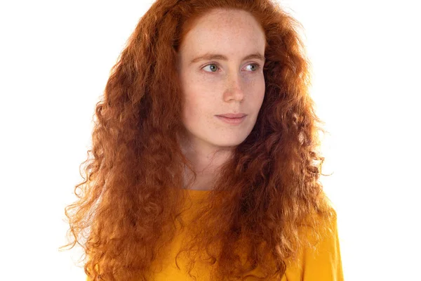 Pensive Freckled Girl Ginger Hair Wearing Orange Shirt Isolated White — Foto Stock