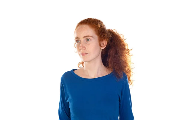 Redhaired Girl Thinking Something Isolated White Background — Fotografia de Stock