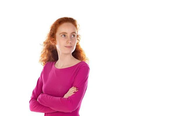 Redhaired Young Woman Wearing Pink Shirt Isolated White Background — ストック写真
