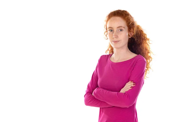 Redhaired Young Woman Wearing Pink Shirt Isolated White Background — 스톡 사진