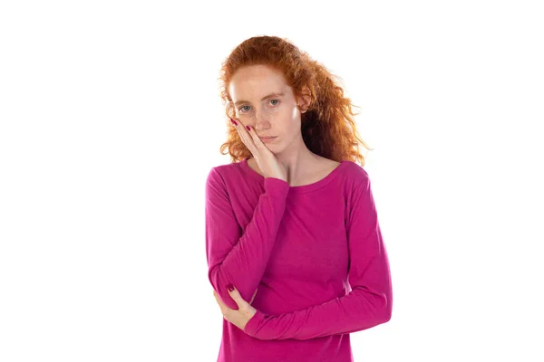 Photo Thoughtful Delighted Woman Imagines Something Has Wavy Ginger Natural — Photo