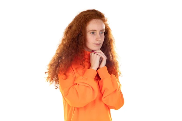 Pensive Redhaired Girl Isolated White Background — стоковое фото