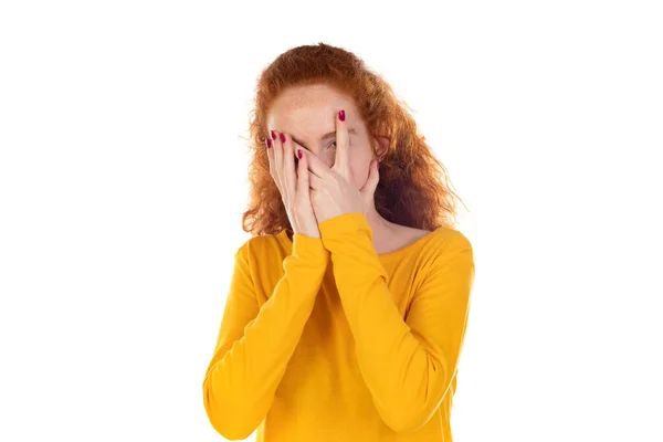 Beautiful Fragile Redheaded Young Woman Dark Sad Frightened Girl Scared — Stock Photo, Image