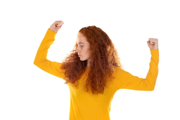 Portrait Attractive Cheerful Lucky Red Haired Girl Rejoicing Having Fun — Foto de Stock