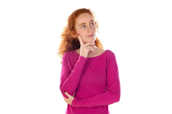 Photo Thoughtful Delighted Woman Imagines Something Has Wavy Ginger Natural — Foto Stock