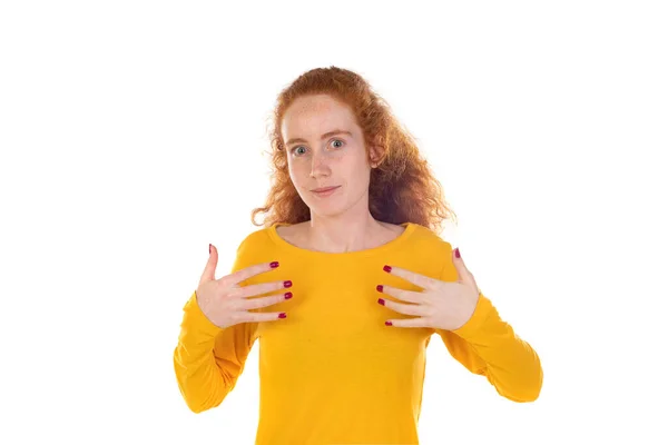 Sincere Redhead Woman Holds Hands Together Praying Pose White Background — Stock Photo, Image