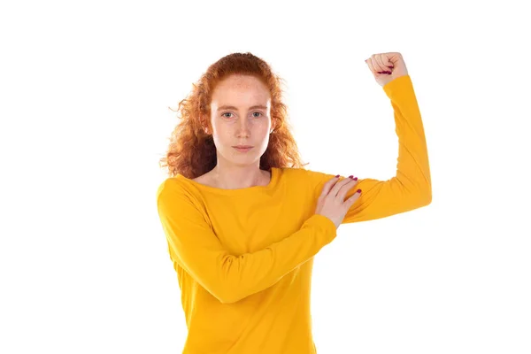 Indoor Portrait Young Redhead Female Wavy Long Hair Positively Shows — ストック写真