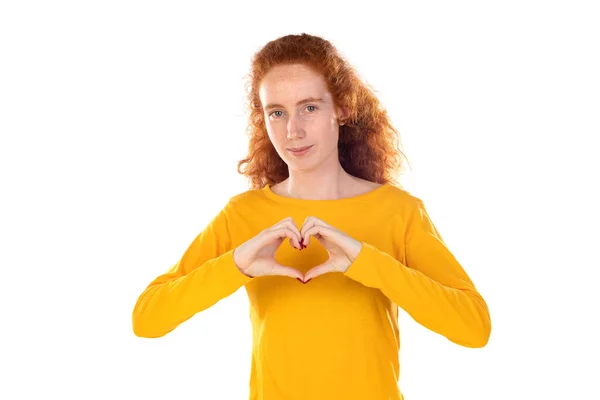 Sincere Redhead Woman Holds Hands Together Praying Pose White Background — Zdjęcie stockowe