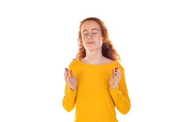Sincere Redhead Woman Holds Hands Together Praying Pose White Background — Stock Fotó