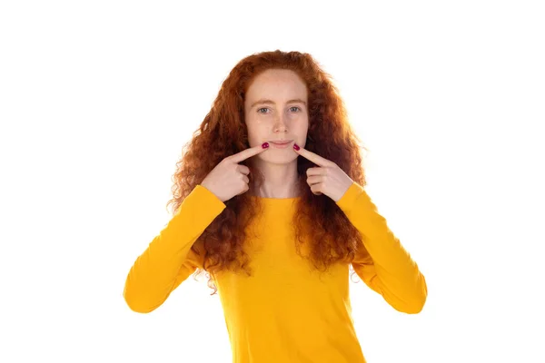 Young Beautiful Woman Wearing Orange Shirt Isolated Background Smiling Open —  Fotos de Stock