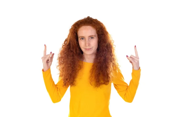 Rebel Redhaired Woman Isolated Beige Background Showing Rock Gesture Fingers — Zdjęcie stockowe