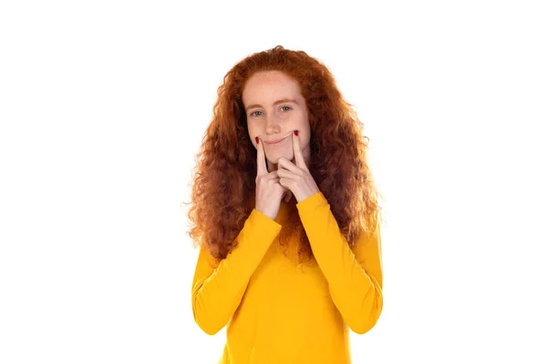Young Beautiful Woman Wearing Orange Shirt Isolated Background Smiling Open — Photo