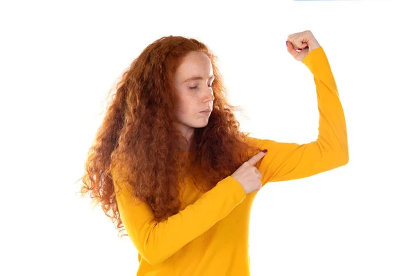 Indoor Portrait Young Redhead Female Wavy Long Hair Positively Shows — Zdjęcie stockowe