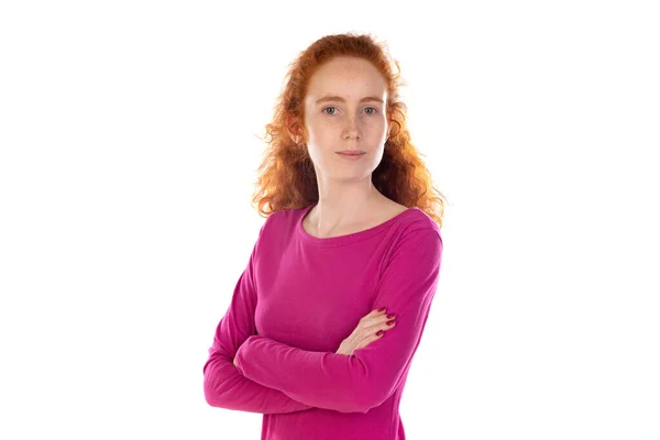 Redhaired Young Woman Wearing Pink Shirt Isolated White Background — Photo