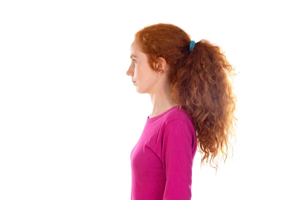 Redhaired Young Woman Wearing Pink Shirt Isolated White Background — Foto de Stock