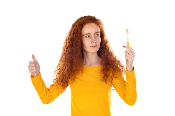 Attractive Smiling Girl Happily Looking Camera Brushing Teeth White Background — Zdjęcie stockowe