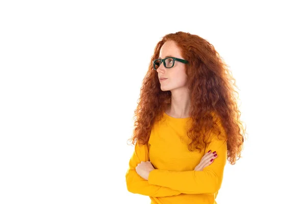 Hoofdschot Studio Portret Jonge Ernstige Rood Headed Vrouw Dragen Blauw — Stockfoto