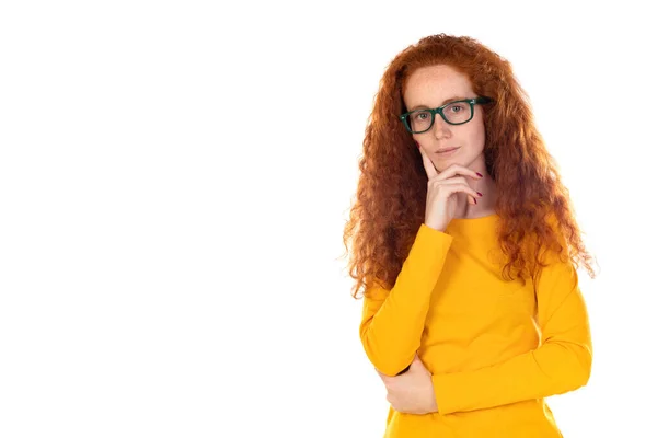 Tête Prise Studio Portrait Jeune Femme Rousse Sérieuse Portant Des — Photo