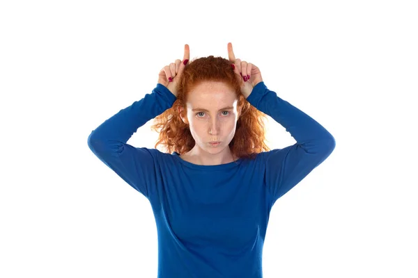 Redhead Young Woman Wearing Casual Blue Shirt Being Evil Hands — Foto de Stock