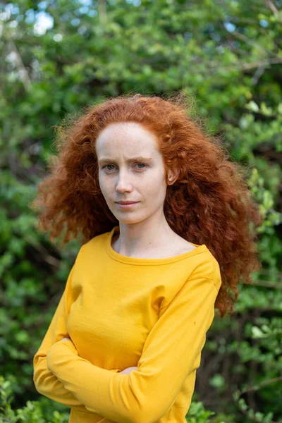 Close Portrait Red Hair Woman Girl Freckles Looking Camera Wearing — Stock Photo, Image