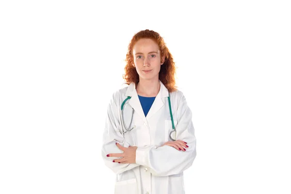 Redhead Doctor Woman Laughing Isolated White Background — Foto Stock