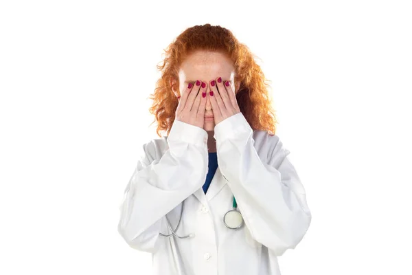 Redhead Doctor Woman Laughing Isolated White Background — стоковое фото