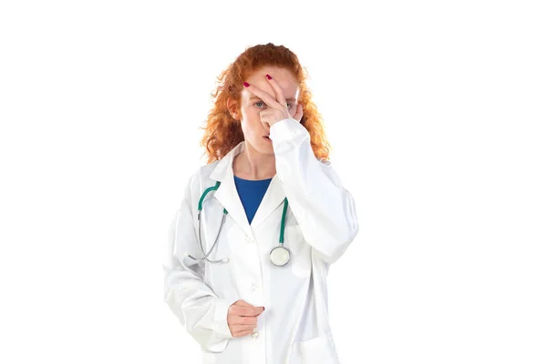 Redhead Doctor Woman Laughing Isolated White Background — Photo