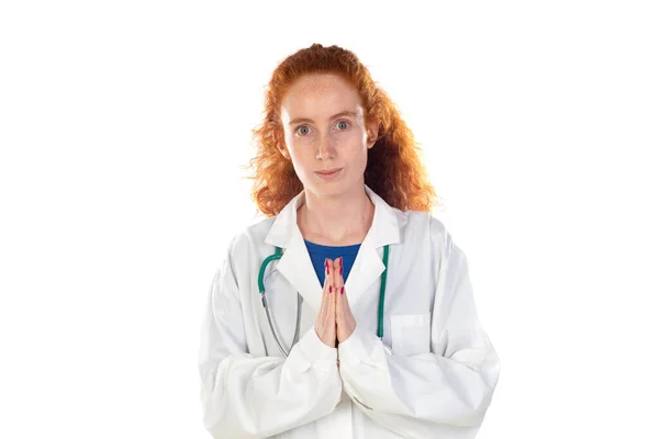 Redhead Doctor Woman Laughing Isolated White Background — Foto Stock