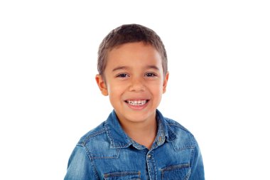 Latin child with denim shirt looking at camera and laughing isolated on a white background 