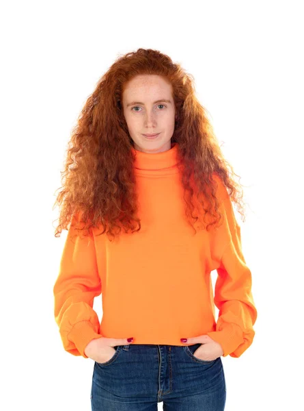 Redhead Young Woman Orange Jersey Isolated White Background — Stockfoto